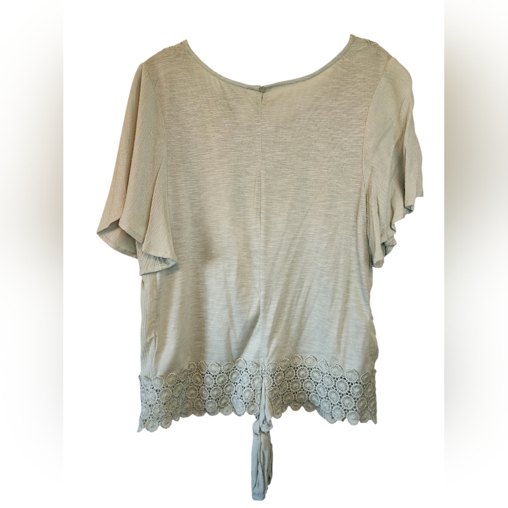 Daytrip Applique sage boho crochet women's top, tie back, M - Picture 5 of 8